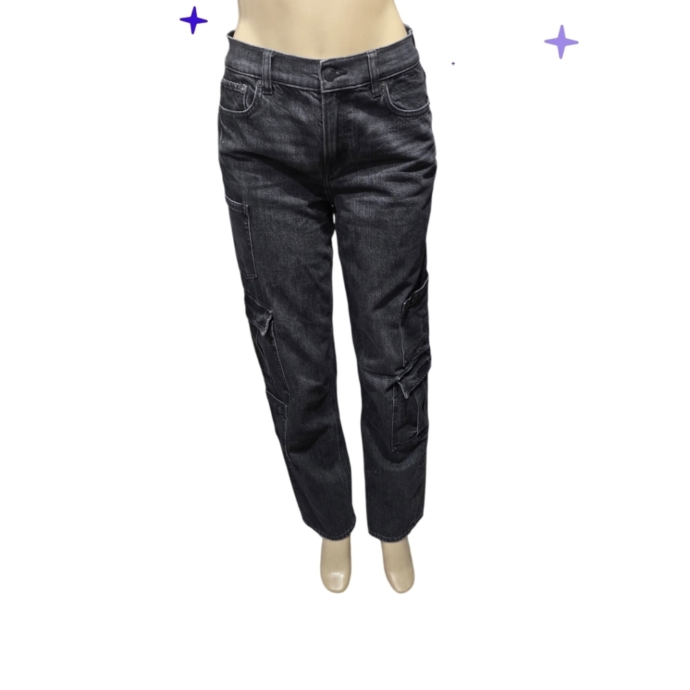 American Eagle Super High‎ Rise Baggy Wide Leg Black Cargo Jeans Womens Size 0